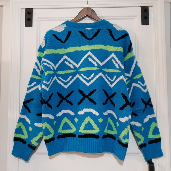 Mountain Lid Woolens Geometric Knit Sweater Mens L Pullover Crewneck Blue USA - Picture 2 of 8